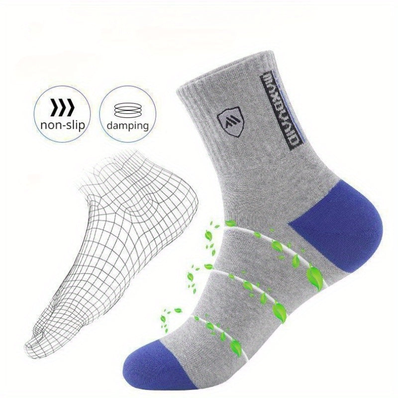 5 pairs of men's trendy color block crew socks, breathable and comfortable for outdoor wearing in all seasons.