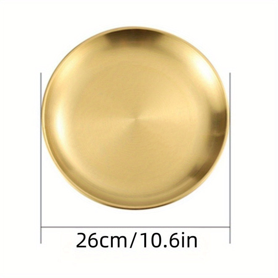 Thickened stainless steel round plate with golden finish, suitable for serving fruit, cake, bone dishes, and more in restaurants or for hot pot and BBQ.