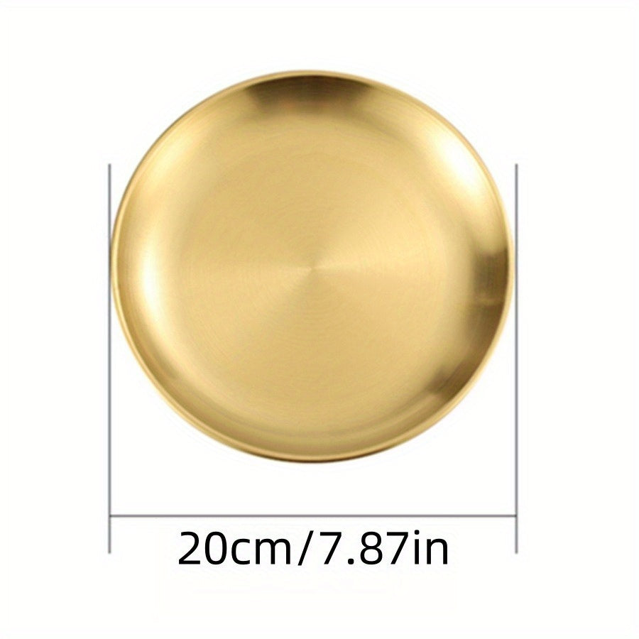 Thickened stainless steel round plate with golden finish, suitable for serving fruit, cake, bone dishes, and more in restaurants or for hot pot and BBQ.