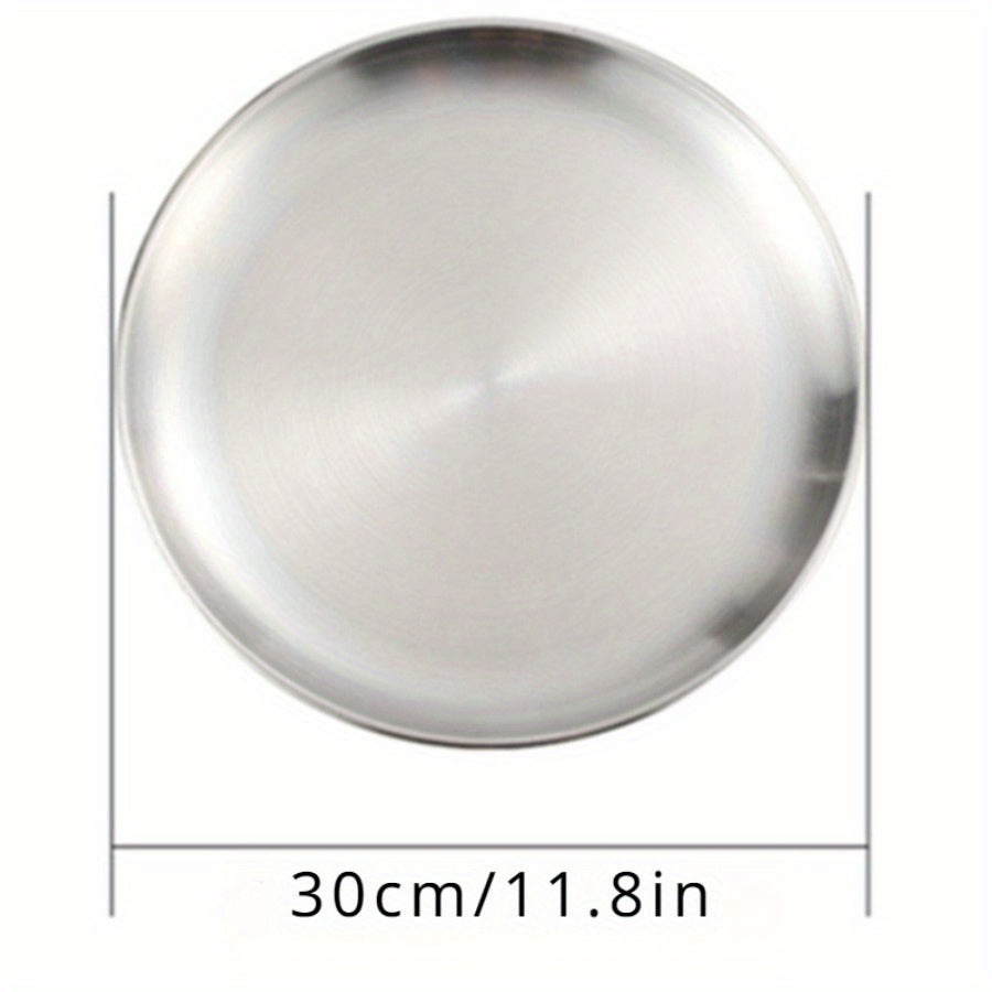 Thickened stainless steel round plate with golden finish, suitable for serving fruit, cake, bone dishes, and more in restaurants or for hot pot and BBQ.