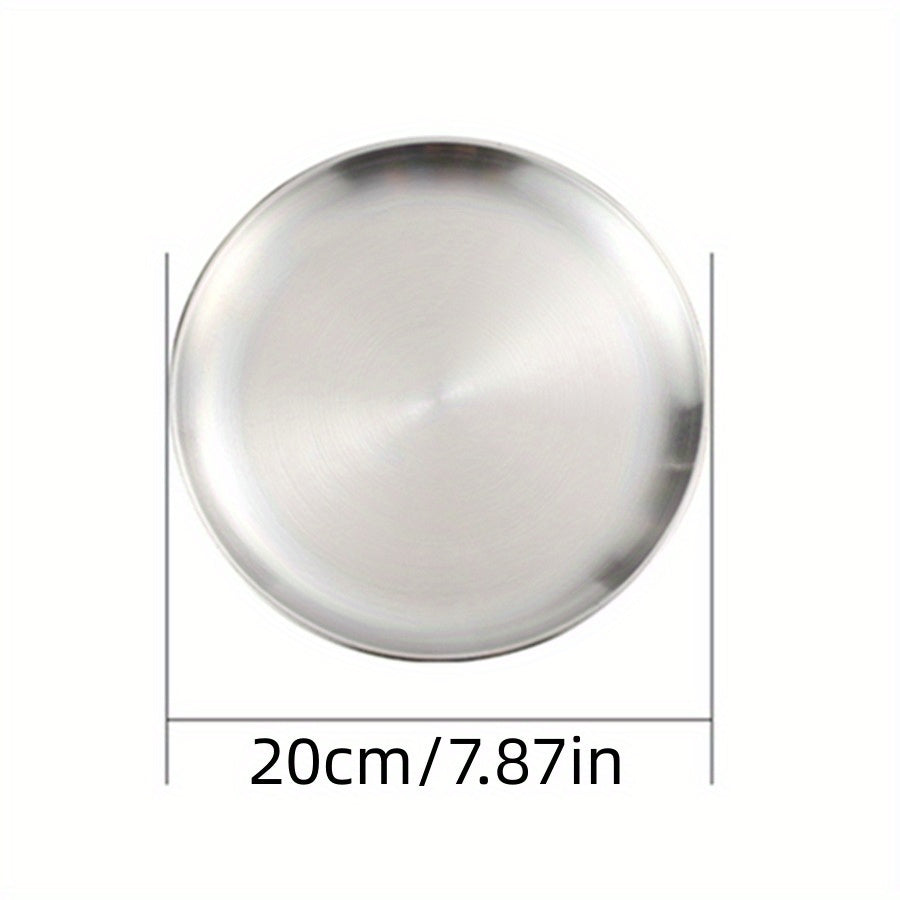 Thickened stainless steel round plate with golden finish, suitable for serving fruit, cake, bone dishes, and more in restaurants or for hot pot and BBQ.