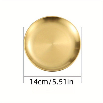 Thickened stainless steel round plate with golden finish, suitable for serving fruit, cake, bone dishes, and more in restaurants or for hot pot and BBQ.