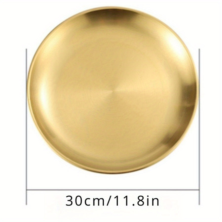 Thickened stainless steel round plate with golden finish, suitable for serving fruit, cake, bone dishes, and more in restaurants or for hot pot and BBQ.