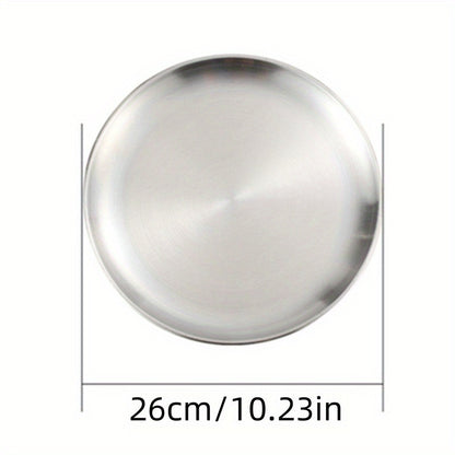 Thickened stainless steel round plate with golden finish, suitable for serving fruit, cake, bone dishes, and more in restaurants or for hot pot and BBQ.