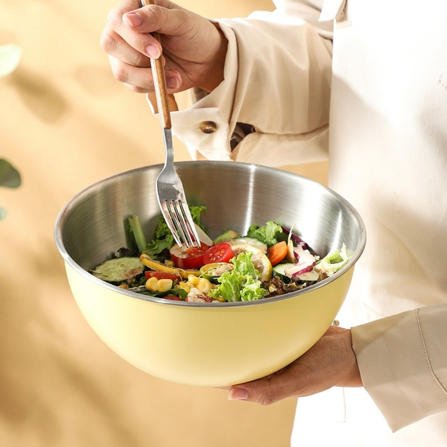 Large stainless steel salad bowl with lid for home kitchen, can be used as a mixing basin, baking bowl, or for whipping cream.