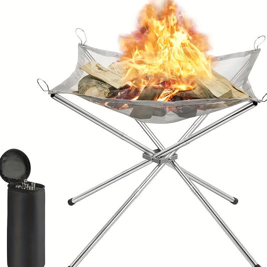 Portable Folding Metal Fire Pit in 1 Piece, Stainless Steel Mesh Bonfire Rack with Carrying Bag for Outdoor Burning and Camping Stove.