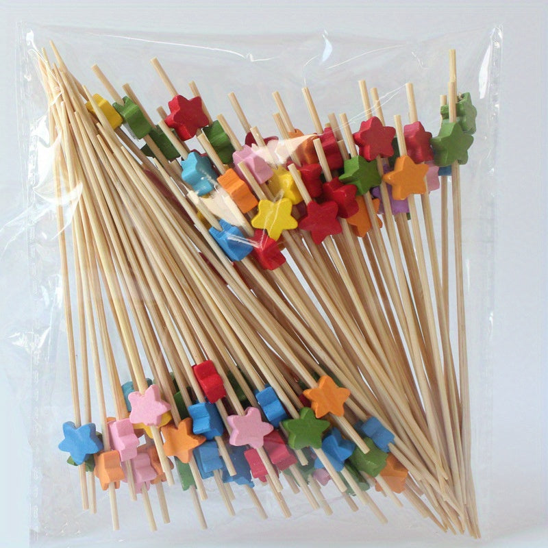 100 artistic bamboo fruit picks with love and plum blossom designs, disposable wooden cocktail decorations.