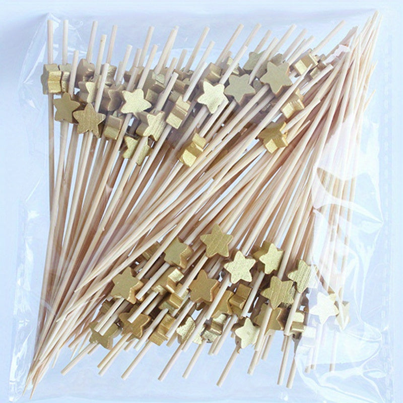 100 artistic bamboo fruit picks with love and plum blossom designs, disposable wooden cocktail decorations.