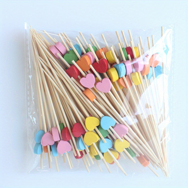 100 artistic bamboo fruit picks with love and plum blossom designs, disposable wooden cocktail decorations.