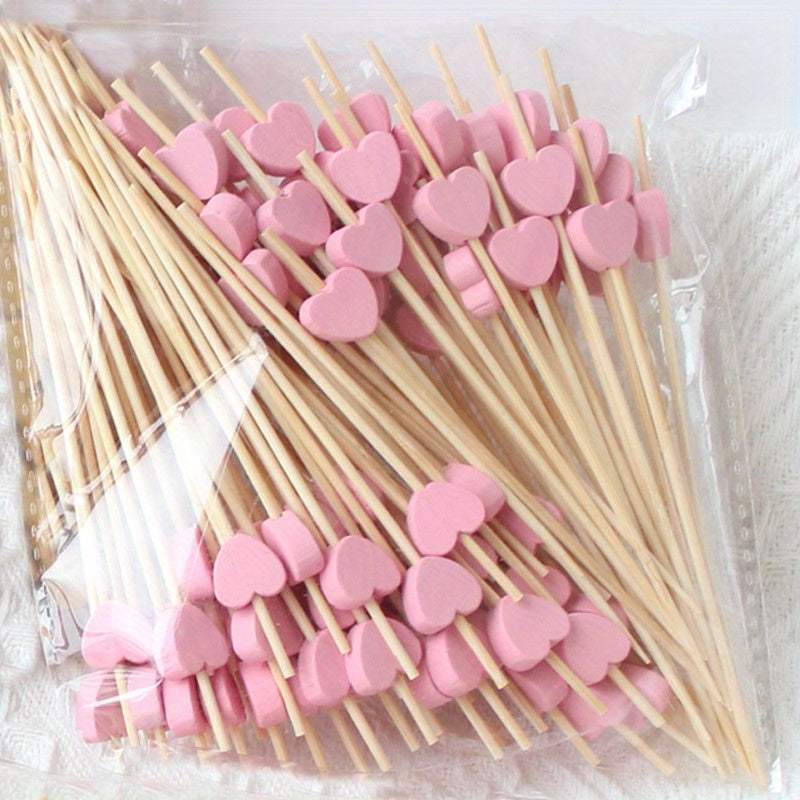 100 artistic bamboo fruit picks with love and plum blossom designs, disposable wooden cocktail decorations.