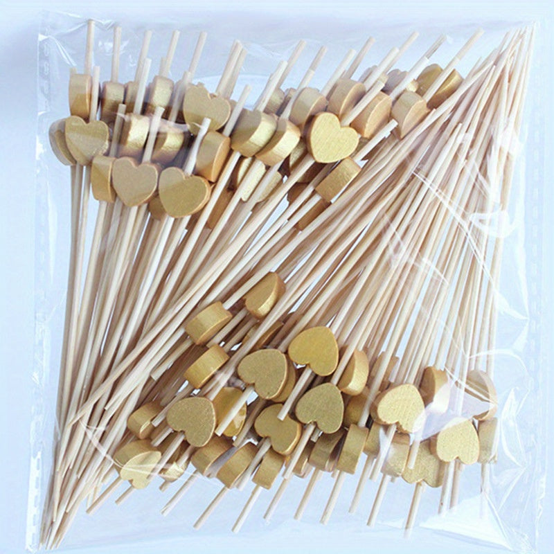 100 artistic bamboo fruit picks with love and plum blossom designs, disposable wooden cocktail decorations.