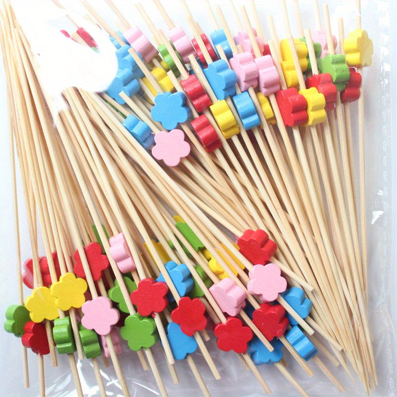 100 artistic bamboo fruit picks with love and plum blossom designs, disposable wooden cocktail decorations.