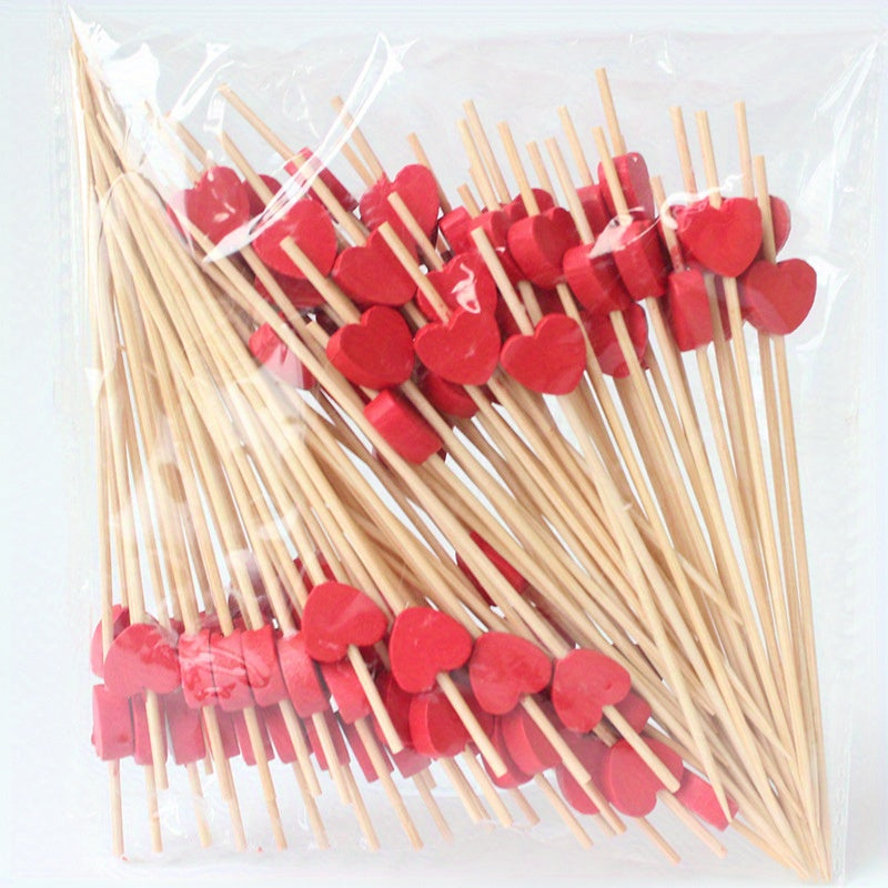 100 artistic bamboo fruit picks with love and plum blossom designs, disposable wooden cocktail decorations.