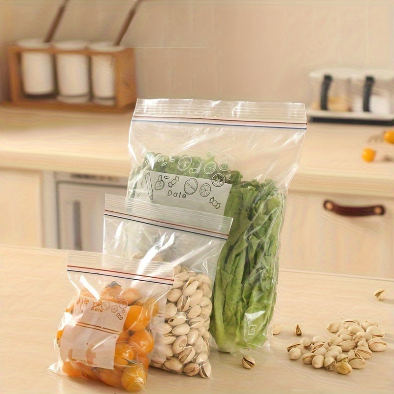 Thickened, transparent plastic sealing bag with double sealing strips for fresh-keeping. Ideal for food packaging in households, can be used for freezing, self-locking feature for convenience. This reusable kitchen supply bag is divided for easy