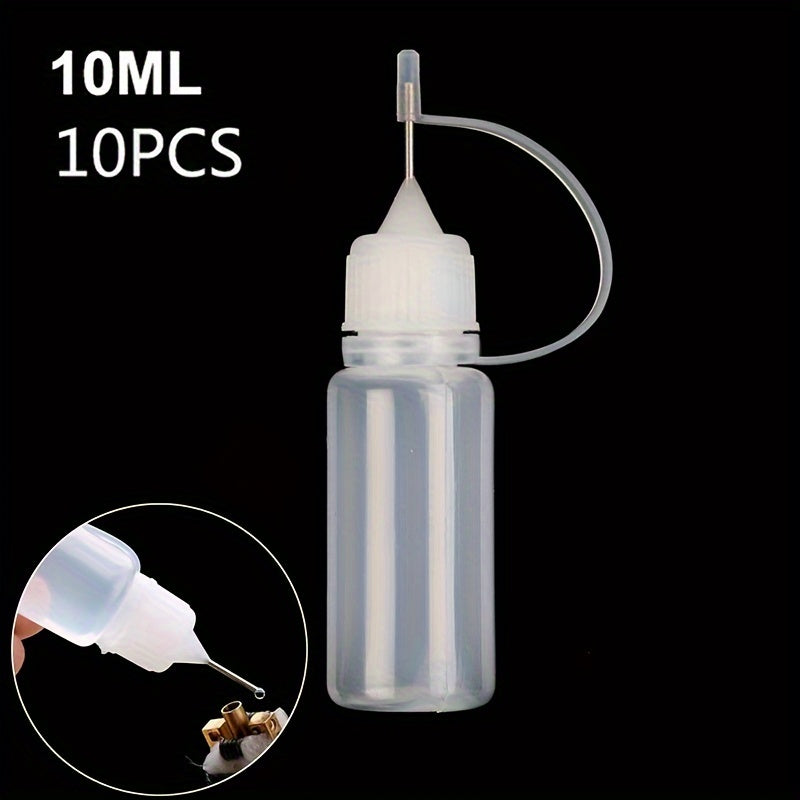 10-pack 10ml empty plastic glue applicator bottles with needle tip, suitable for DIY crafting and storage of paint, glue, ink, and other liquids. Perfect for quilting projects.