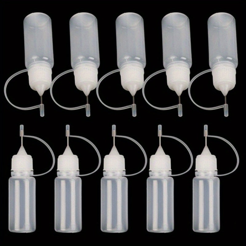 10-pack 10ml empty plastic glue applicator bottles with needle tip, suitable for DIY crafting and storage of paint, glue, ink, and other liquids. Perfect for quilting projects.