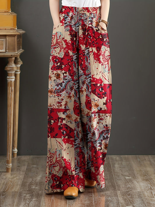 Floral cotton wide-leg pants with elastic waist, lace-up detail, and loose fit. Perfect for casual weekends and year-round comfort. Made with woven fabric for adults.