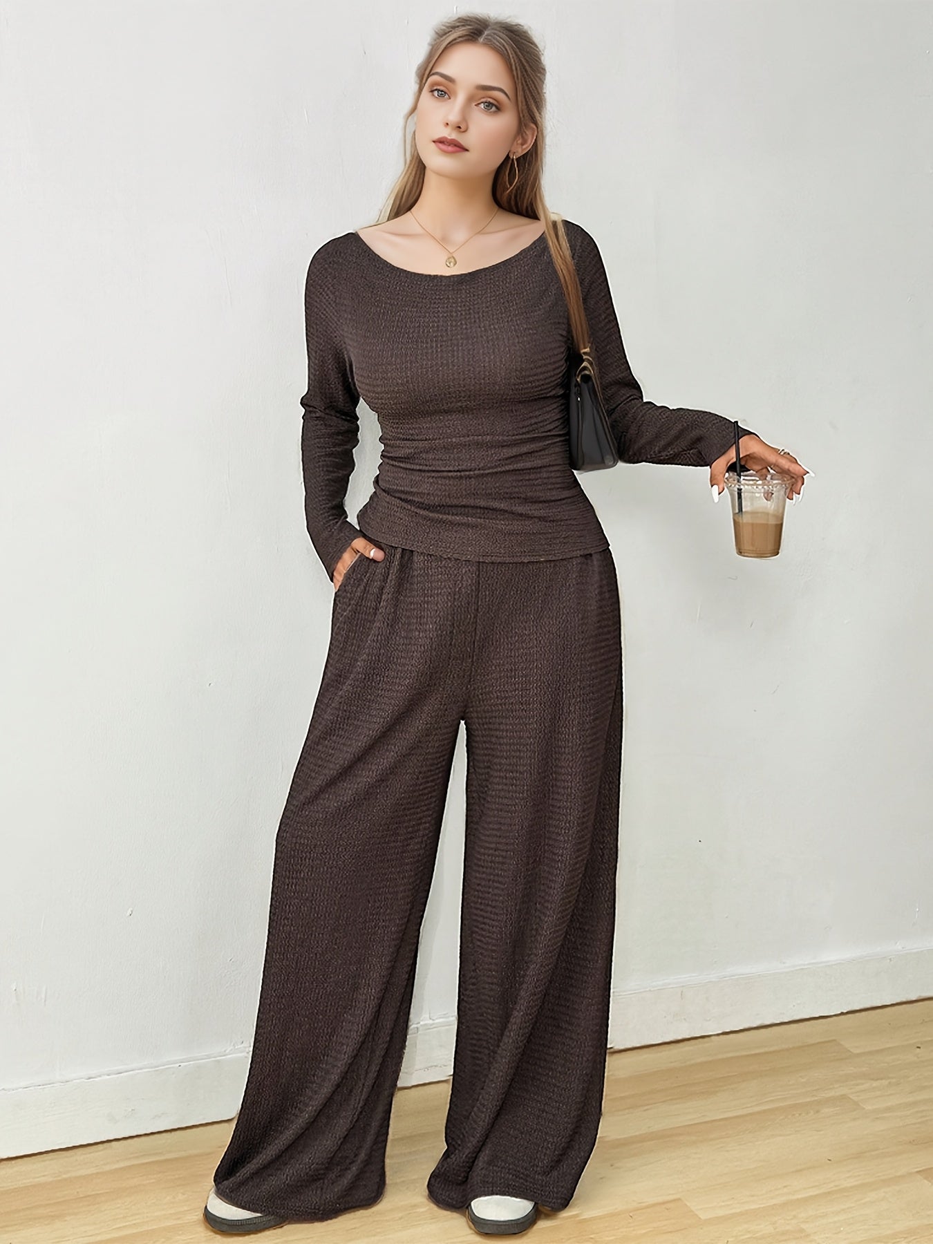 Women's Spring/Autumn Plus Size Round Neck Top with Long Sleeves and Elastic Waist Casual Pants Set