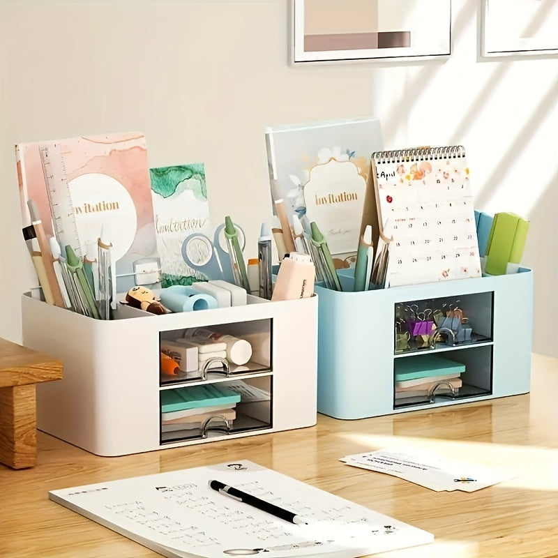 Multifunctional desktop organizer with two drawers for spring, ideal for organizing office supplies, vanity essentials and school items. Made from durable plastic, perfect for offices