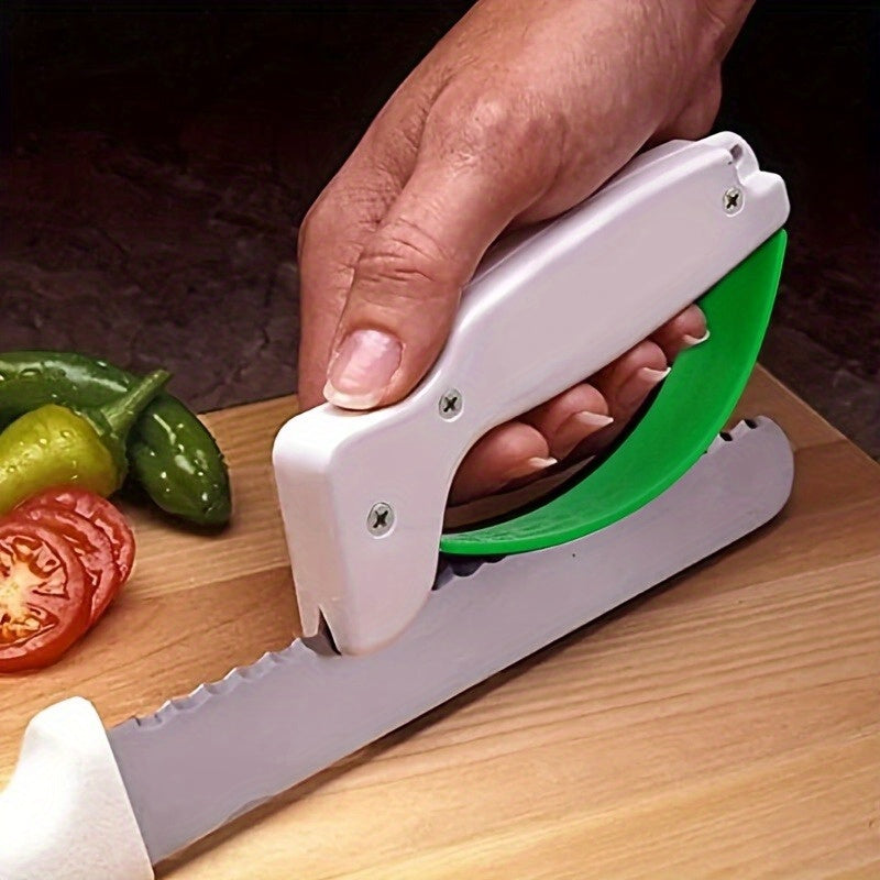 Portable plastic blade sharpener for kitchen knives that doesn't require electricity, can be used outdoors.