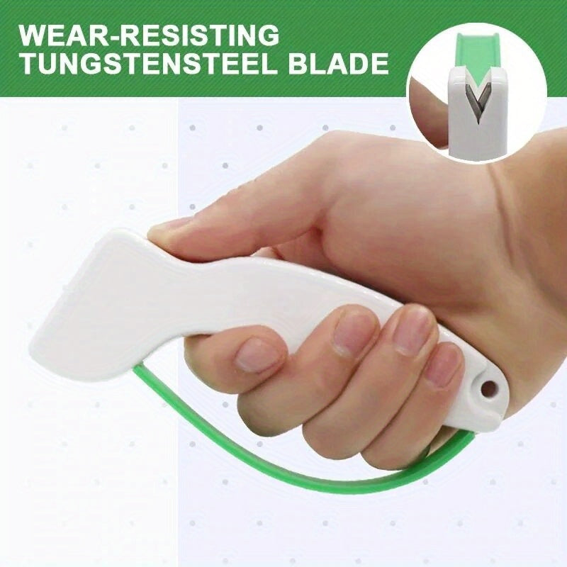 Portable plastic blade sharpener for kitchen knives that doesn't require electricity, can be used outdoors.