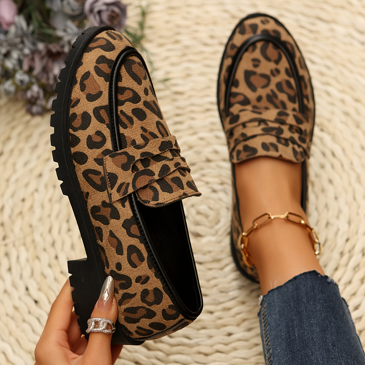 Leopard Print Loafers: Slip-On flats with round toe, fabric upper, rubber sole, faux cover insole. Versatile shoes perfect for all seasons, with a stylish Korean and British fashion design.