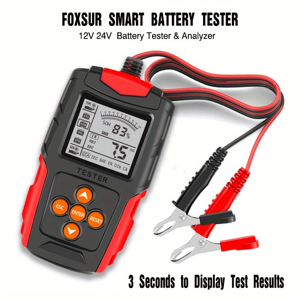 Battery tester for 12v and 24v batteries, compatible with various types including wet, gel, sealed lead-acid, flooded, enhanced flooded, and AGM.