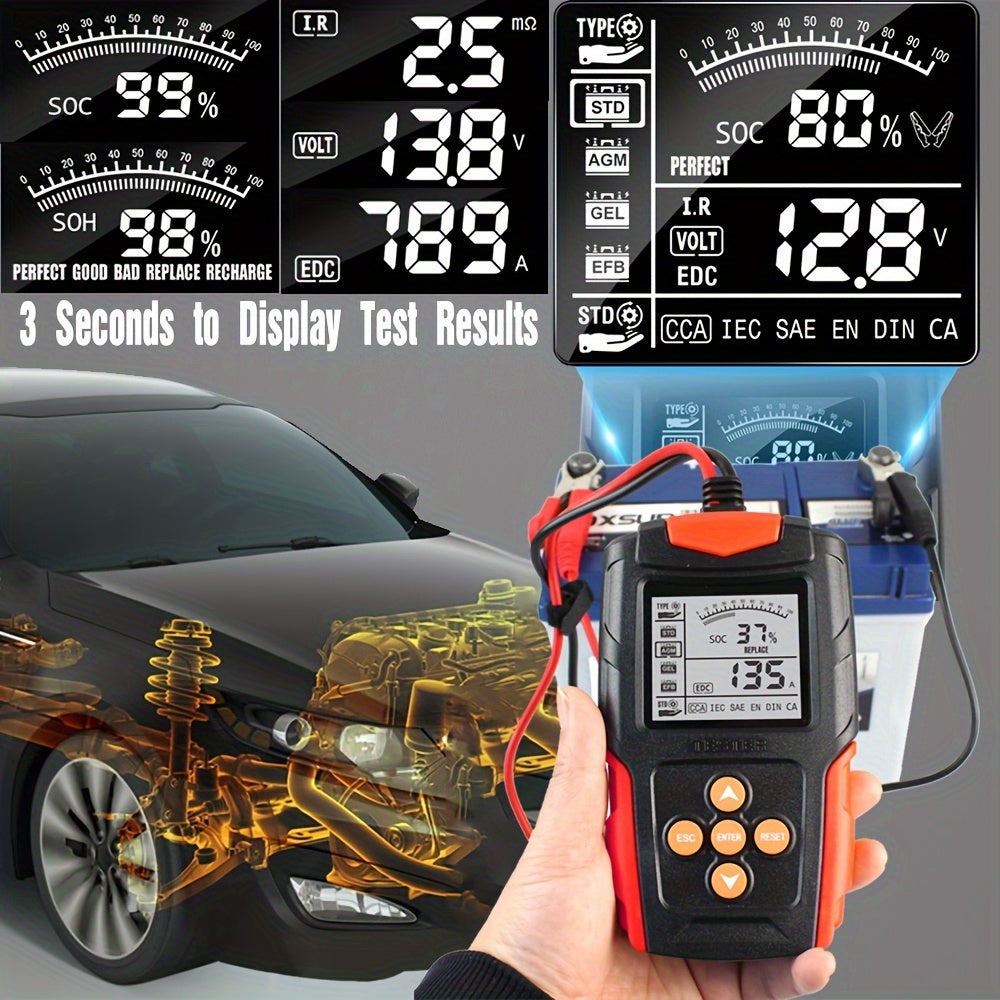 Battery tester for 12v and 24v batteries, compatible with various types including wet, gel, sealed lead-acid, flooded, enhanced flooded, and AGM.