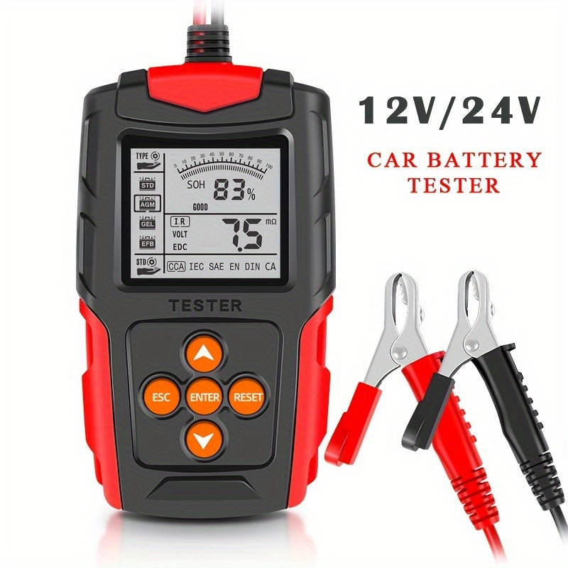 Battery tester for 12v and 24v batteries, compatible with various types including wet, gel, sealed lead-acid, flooded, enhanced flooded, and AGM.