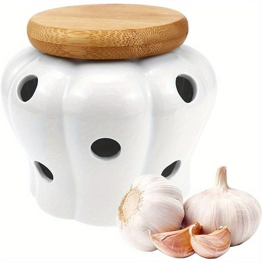 Stylish White Ceramic Garlic Keeper - Breathable Storage Container for Ginger & Garlic in the Kitchen, Contemporary Farmhouse Decor