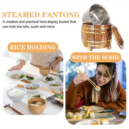 Zerodeko Rice Steamer Set: Wooden Rice Barrel with Stainless Steel Lining, Includes Lid and Spoon. Perfect for Sushi Oke, Traditional Rice Steaming, Bed Steaming, Ice Bucket, and More! Versatile Kitchen Cookware.