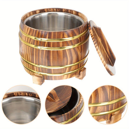 Zerodeko Rice Steamer Set: Wooden Rice Barrel with Stainless Steel Lining, Includes Lid and Spoon. Perfect for Sushi Oke, Traditional Rice Steaming, Bed Steaming, Ice Bucket, and More! Versatile Kitchen Cookware.