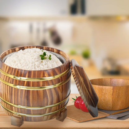 Zerodeko Rice Steamer Set: Wooden Rice Barrel with Stainless Steel Lining, Includes Lid and Spoon. Perfect for Sushi Oke, Traditional Rice Steaming, Bed Steaming, Ice Bucket, and More! Versatile Kitchen Cookware.