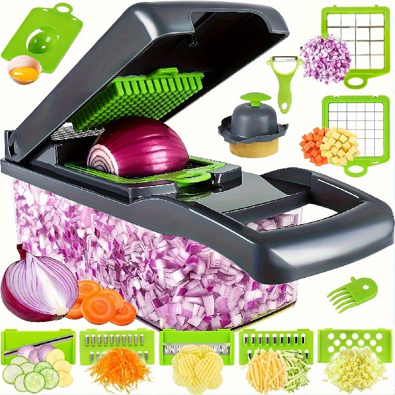 Set of 16: Vegetable Chopper with Multifunctional Fruit Slicer, Cutter and Container, Onion Meat Grinder, Multiple Interchangeable Blades, Household Potato Chopper, Kitchen Supplies and Gadgets