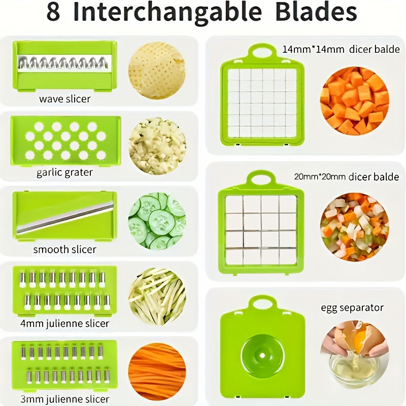 Set of 16: Vegetable Chopper with Multifunctional Fruit Slicer, Cutter and Container, Onion Meat Grinder, Multiple Interchangeable Blades, Household Potato Chopper, Kitchen Supplies and Gadgets