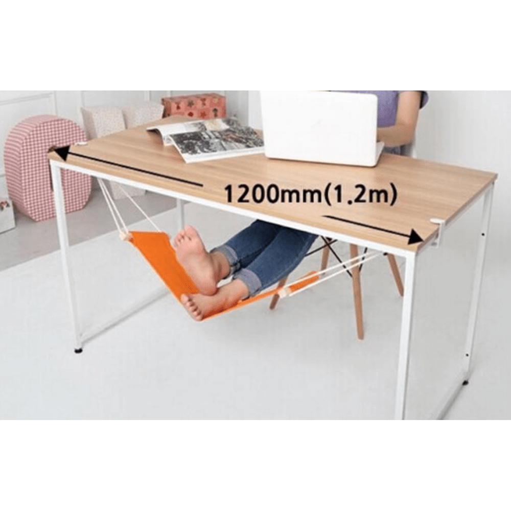 Portable under-desk footrest hammock made of linen in black and orange, adjustable for use in office, home, garden, and camping.