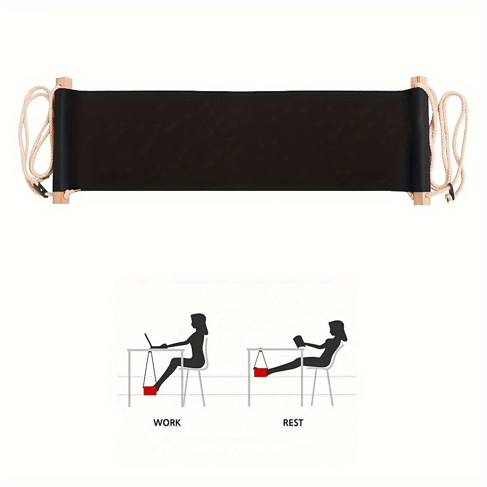 Portable under-desk footrest hammock made of linen in black and orange, adjustable for use in office, home, garden, and camping.