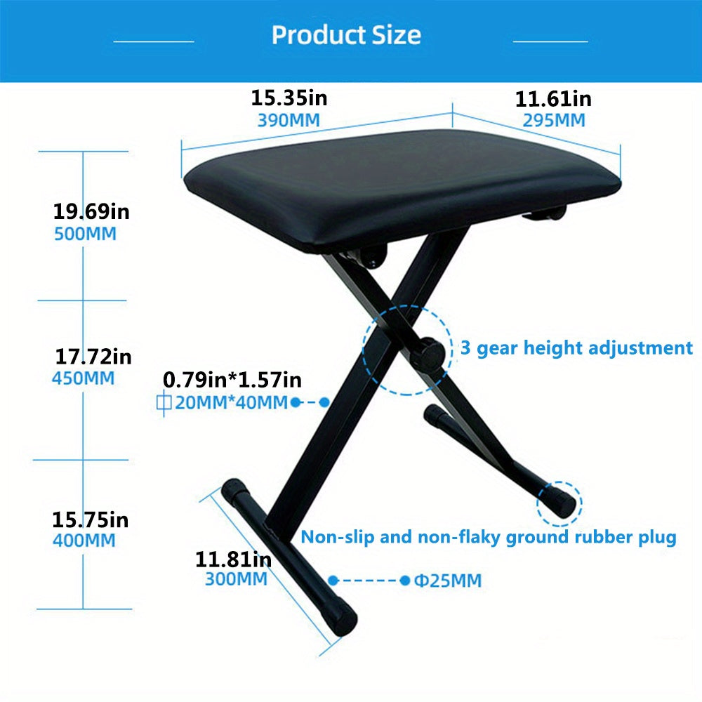 X-Style black polyurethane piano bench with adjustable height, foldable design, and anti-slip rubber feet.