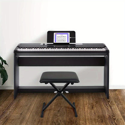 X-Style black polyurethane piano bench with adjustable height, foldable design, and anti-slip rubber feet.