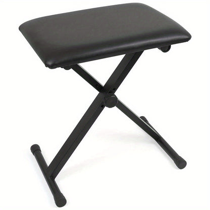 X-Style black polyurethane piano bench with adjustable height, foldable design, and anti-slip rubber feet.