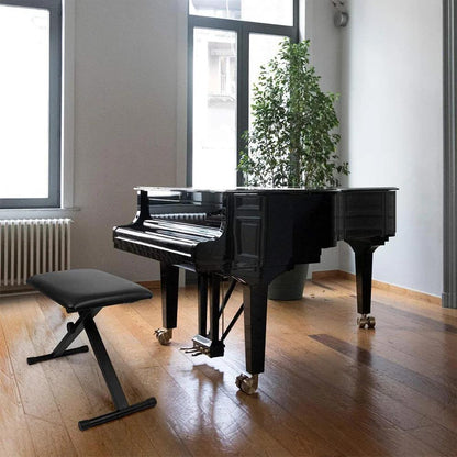 X-Style black polyurethane piano bench with adjustable height, foldable design, and anti-slip rubber feet.