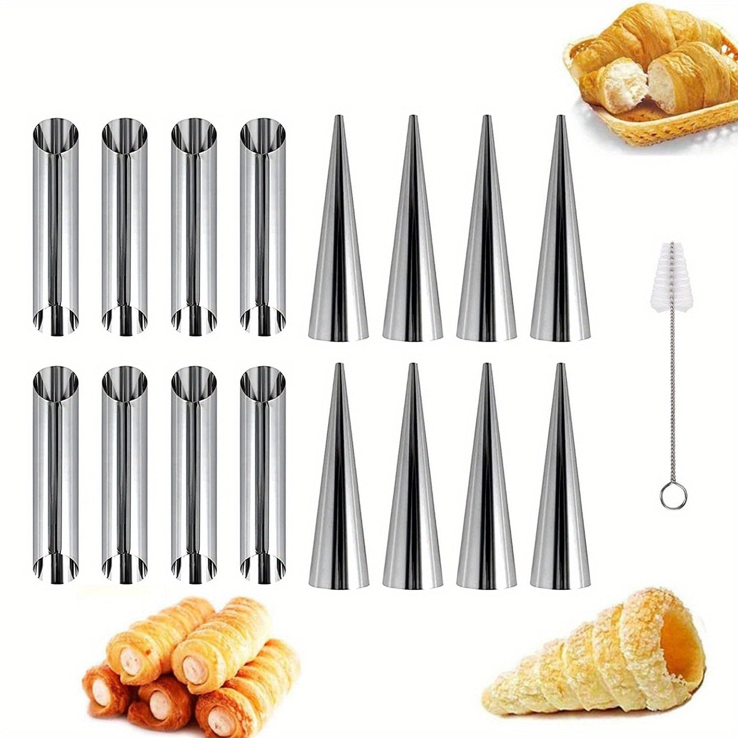 Italian Cream Horn Stainless Steel Croissant Mold Set with 9 Pieces of Conical Tubes and a Cleaning Brush