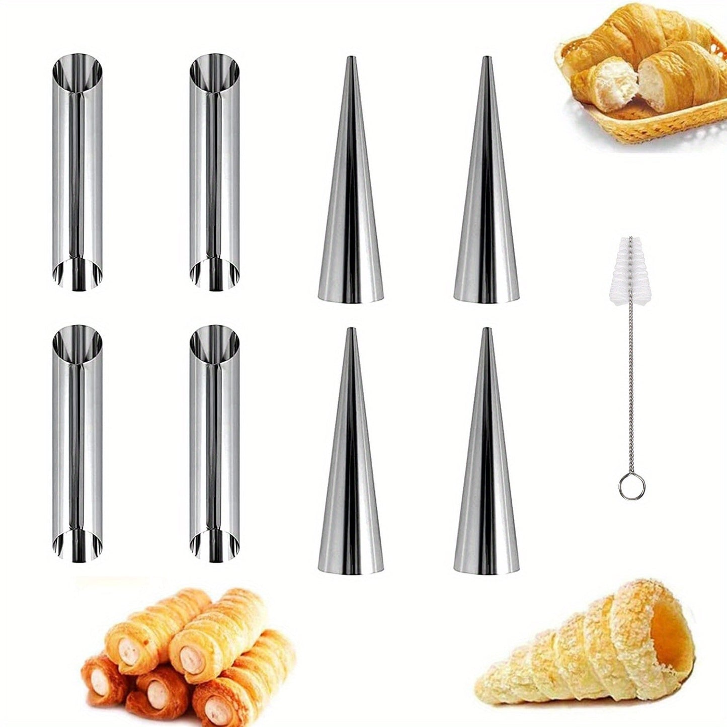 Italian Cream Horn Stainless Steel Croissant Mold Set with 9 Pieces of Conical Tubes and a Cleaning Brush