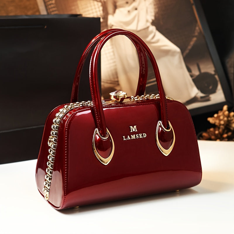 M.LAMRED Elegant Red Handbag with Golden Accents, Rhinestone Embellishments, Glossy Finish - Polyester Lined, Non-Washable - Burgundy, Green, Black options available.