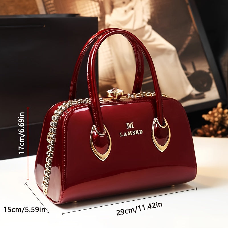 M.LAMRED Elegant Red Handbag with Golden Accents, Rhinestone Embellishments, Glossy Finish - Polyester Lined, Non-Washable - Burgundy, Green, Black options available.