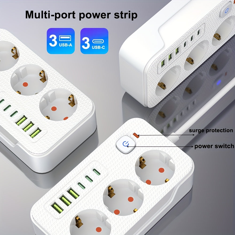 Multipurpose socket with 3 power outlets (3 USB-A, 3 TYPE-C) and automatic short circuit protection. Ideal for use in various locations such as home, office, kitchen, computer desk, and