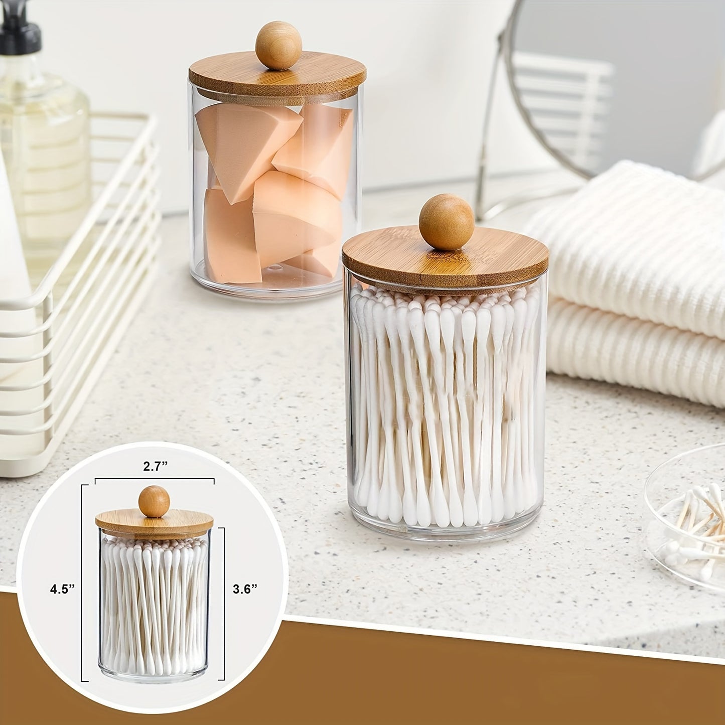 1 Clear Apothecary Storage Jar with Bamboo Lid for Makeup and Bathroom Accessories