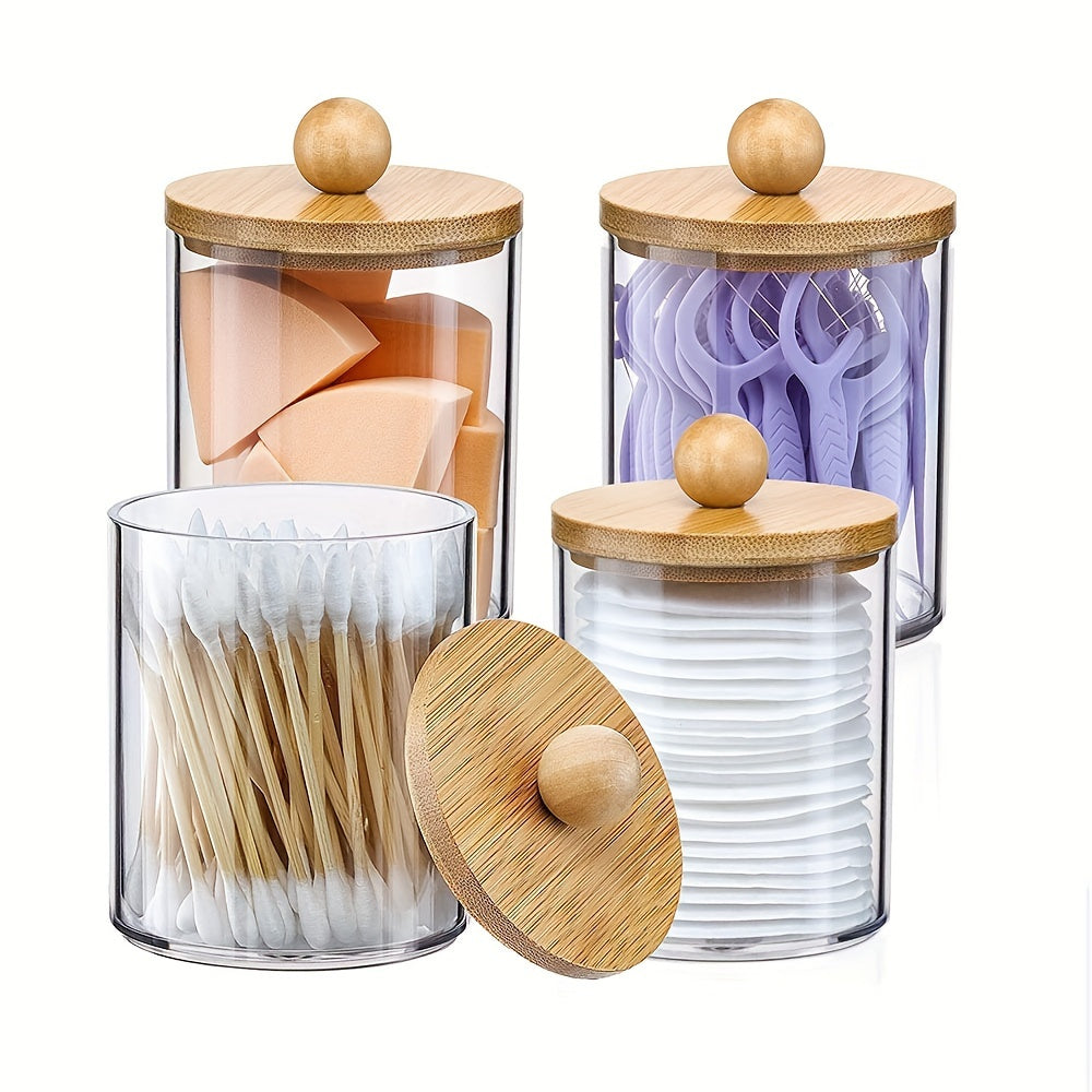 1 Clear Apothecary Storage Jar with Bamboo Lid for Makeup and Bathroom Accessories