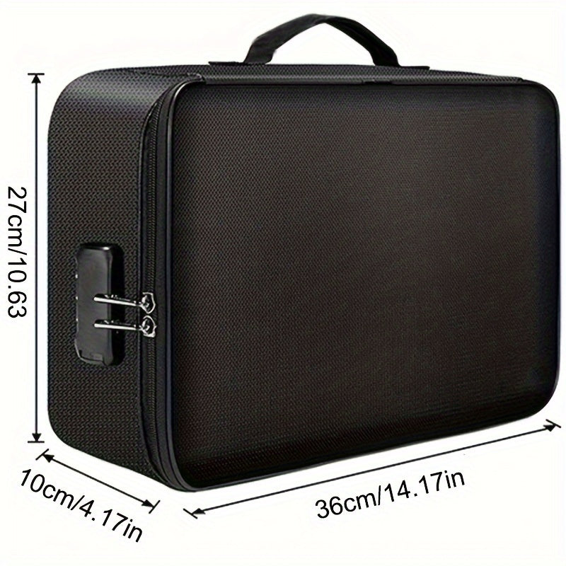 Document bag with combination lock, featuring 3-layer file storage and zipper closures for organization of laptop and files.