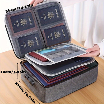 Document bag with combination lock, featuring 3-layer file storage and zipper closures for organization of laptop and files.